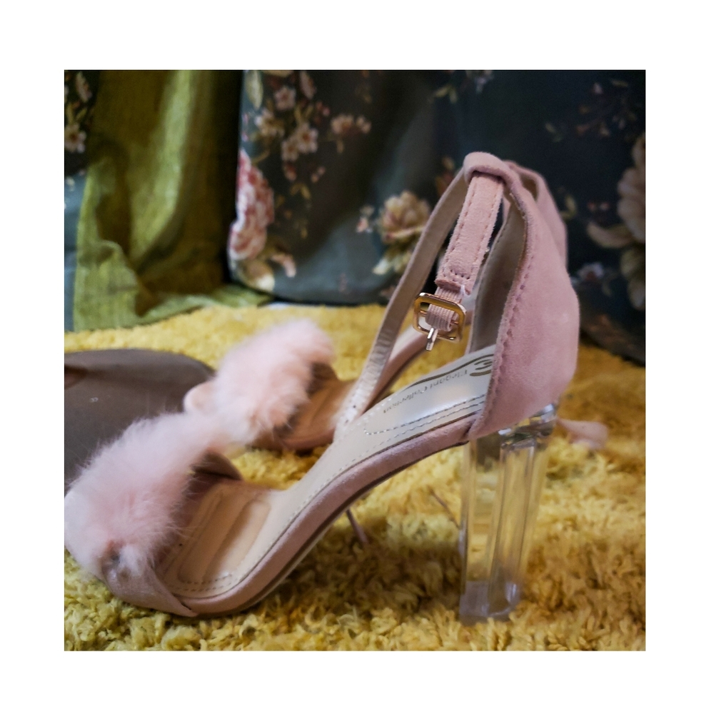 Pink feather pumps clear heel